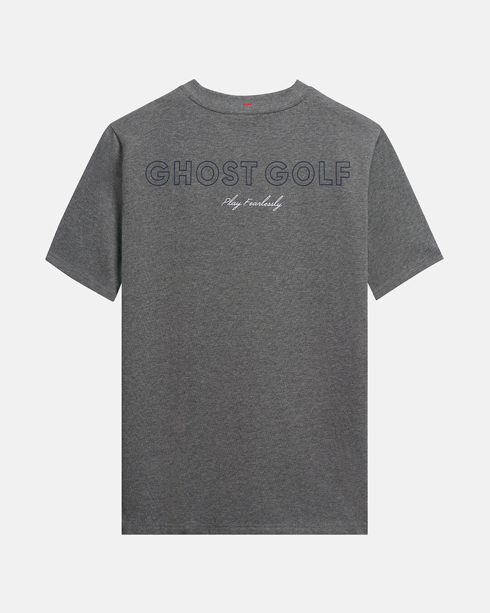 Back Product Shot of Heather Grey Qualifier Player Tee with Ghost Golf Graphic in the Back #color_heather-grey