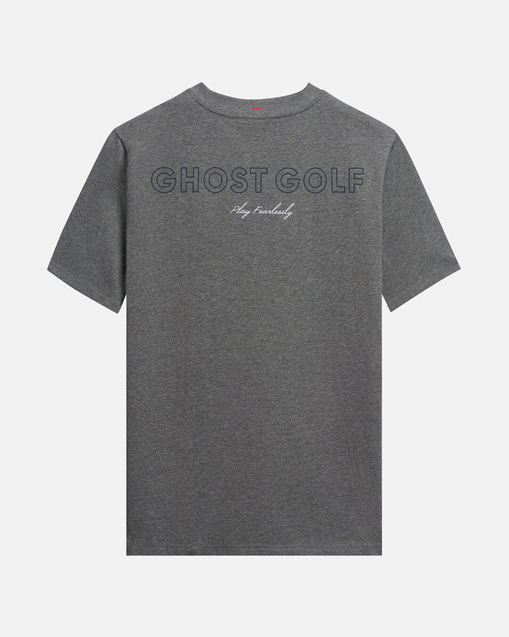 Back Product Shot of Heather Grey Qualifier Player Tee with Ghost Golf Graphic in the Back #color_heather-grey