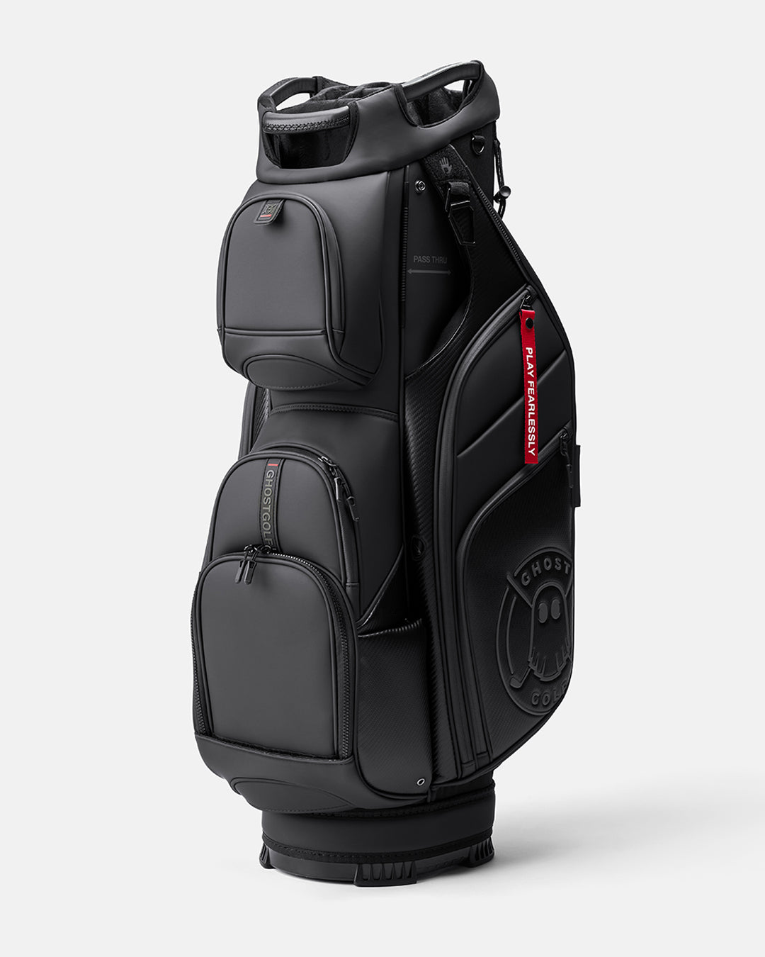 GHOSTGOLF GT-14 Ronin golf bag in black and carbon fiber accents, shown at a three-quarter angle with zippered pockets, an embossed Ghost Golf logo, and a red “Play Fearlessly” tag.
