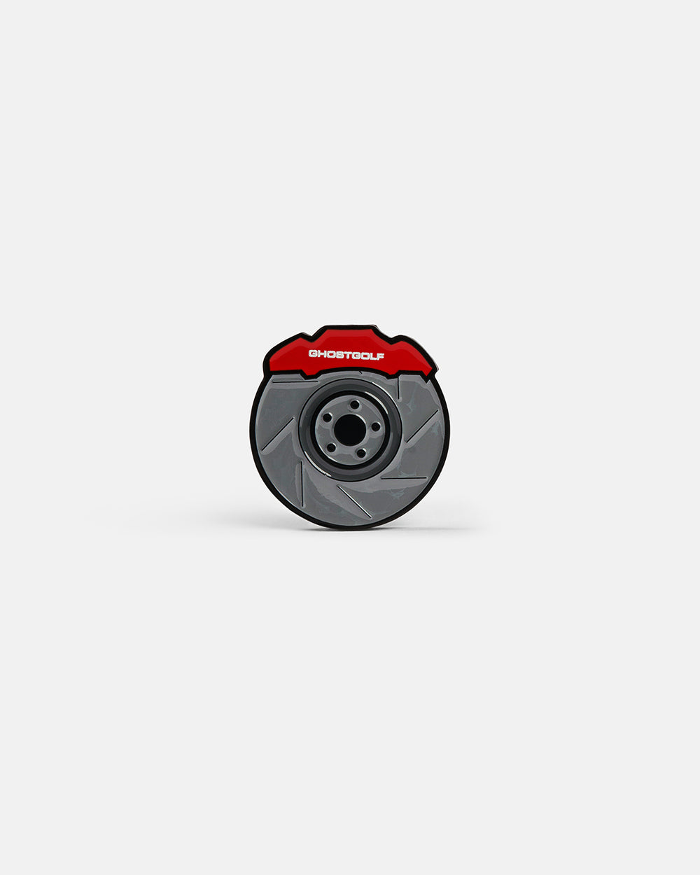 Product photo of a ball marker featuring a brake disc design with “Ghost Golf” displayed at the top of the disc.
