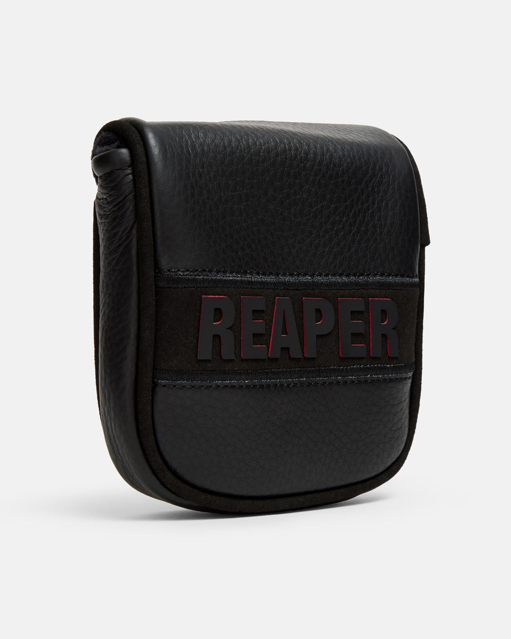 Three Quarter View of Reaper Blackout Mallet Putter Cover with the word reaper in the middle #color_black