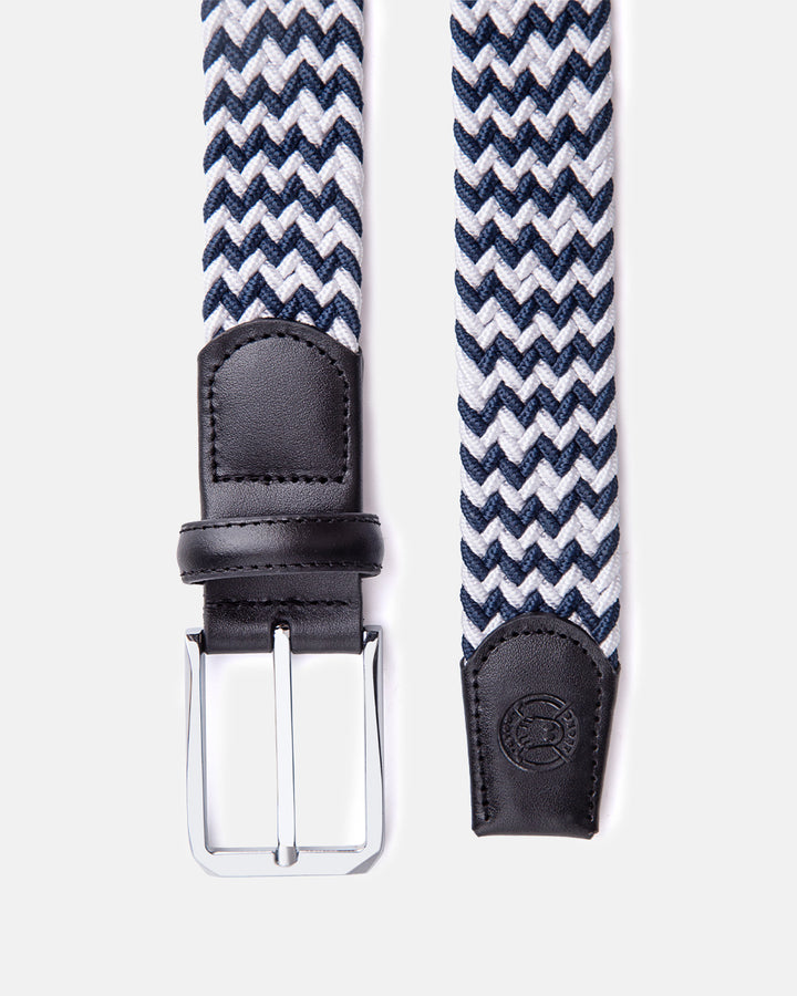 Ghost Golf Rory Belt Navy/Off-White Belt with Steel Buckle and Black Leather tail Buckle and Tips