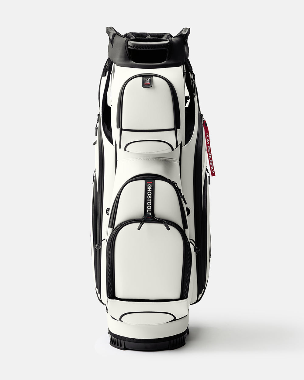 GHOSTGOLF GT-14 Saya golf bag in white, shown at a front angle with zippered pockets, an embossed Ghost Golf logo, and a red “Play Fearlessly” tag.