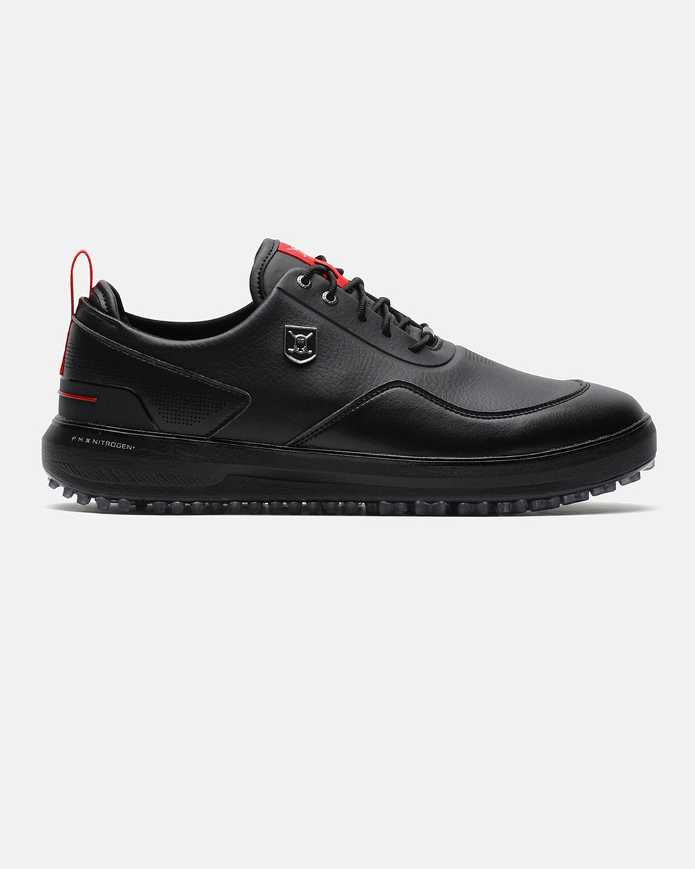 Product image showing the right side of the Black Ghost Golf Reaper golf shoe. #color_black