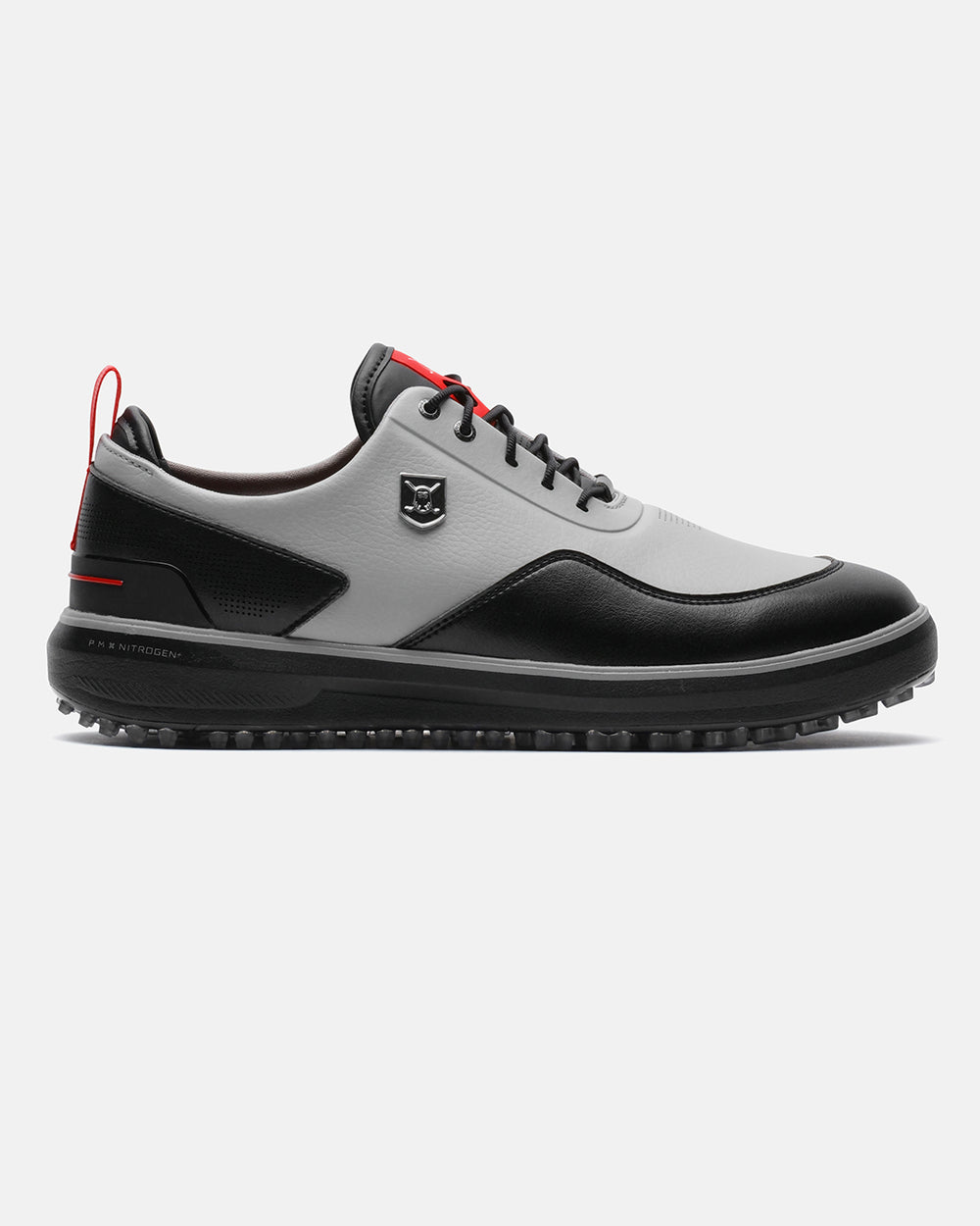 Product image showing the right side of the Grey Ghost Golf Reaper golf shoe. #color_grey