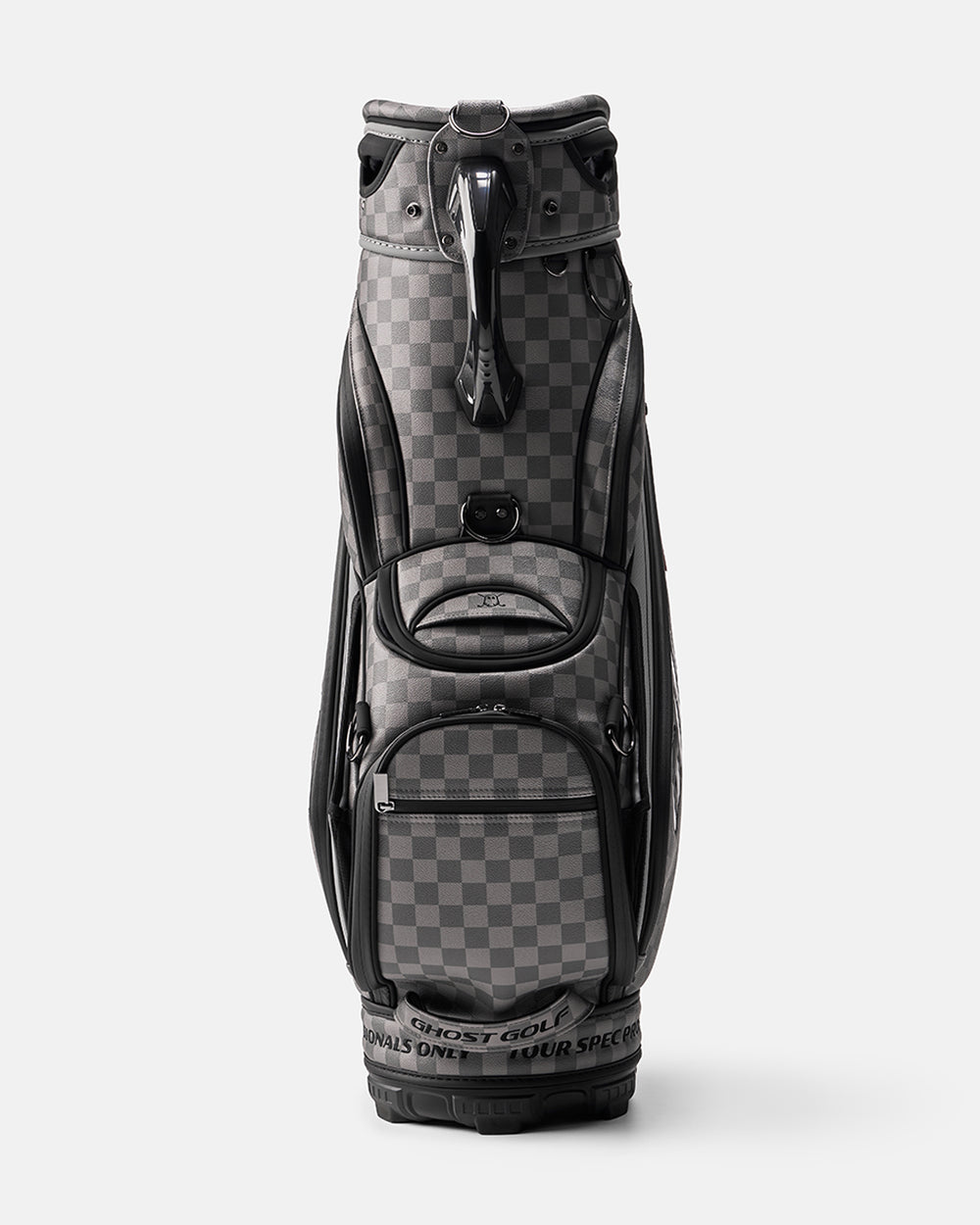 Black and Grey Chekered Golf Staff Bag with White GHOST GOLF branding - Tour Spec - Front Angle View