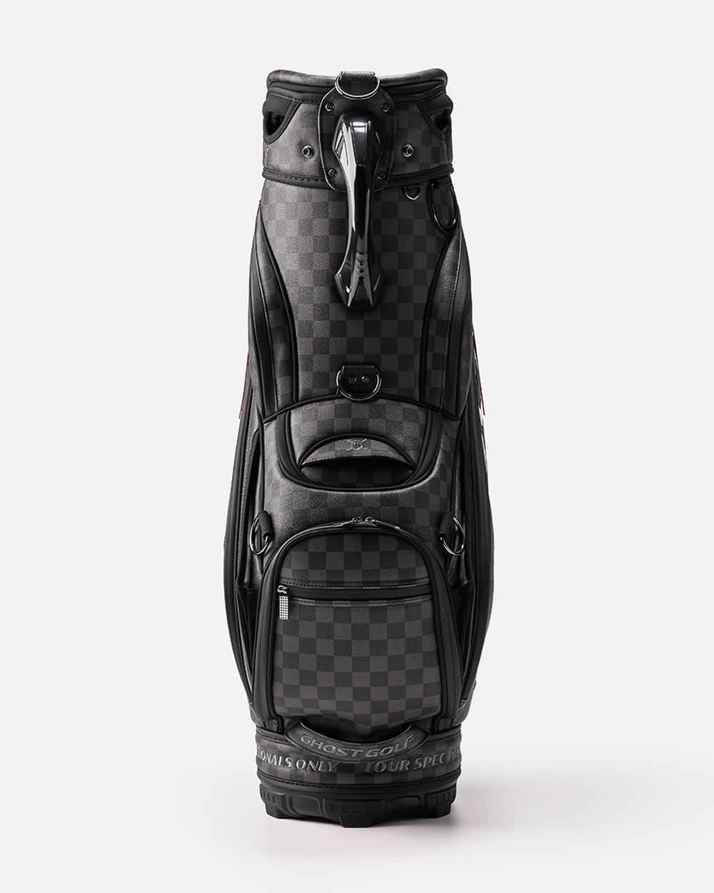 Black and Grey Chekered Golf Staff Bag with White GHOST GOLF branding - Tour Spec - Front Angle View
