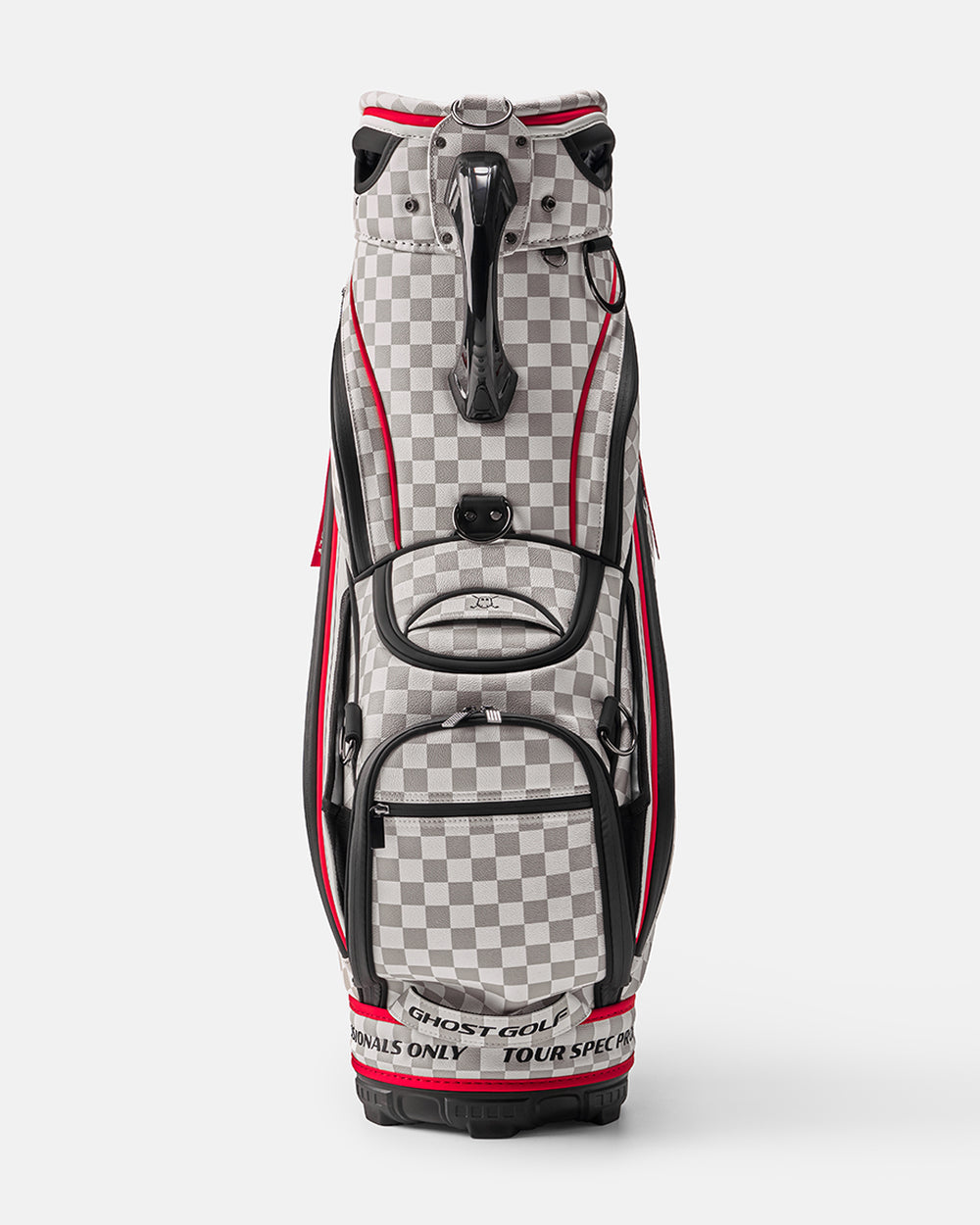 White and Grey Chekered Golf Staff Bag with White GHOST GOLF branding - Tour Spec - Front Angle View