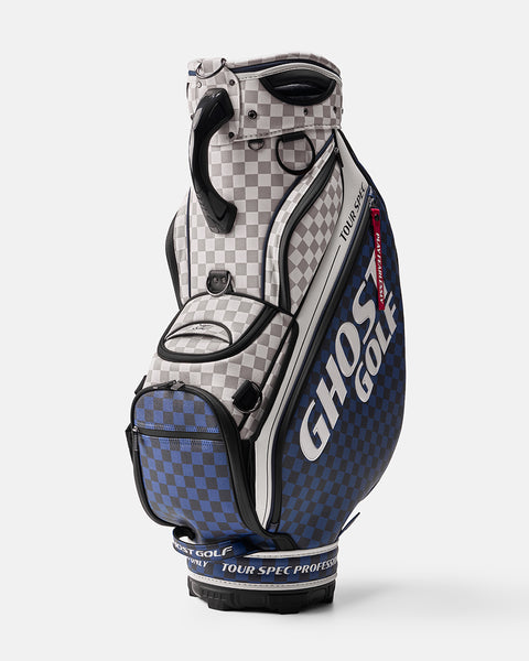 White and Grey with Navy and Black Base Chekered Golf Staff Bag with White GHOST GOLF branding - Tour Spec - Side Angle View
