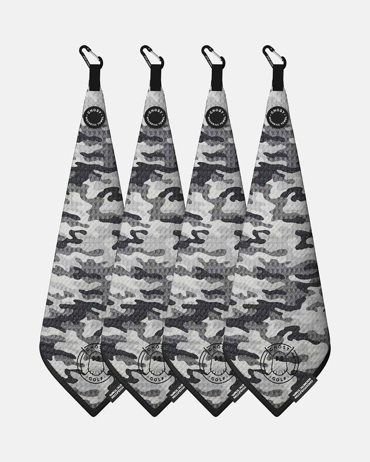 4 Ghost Golf Greenside towels with Magnet Patch and Carabiner. Color Snow Camo