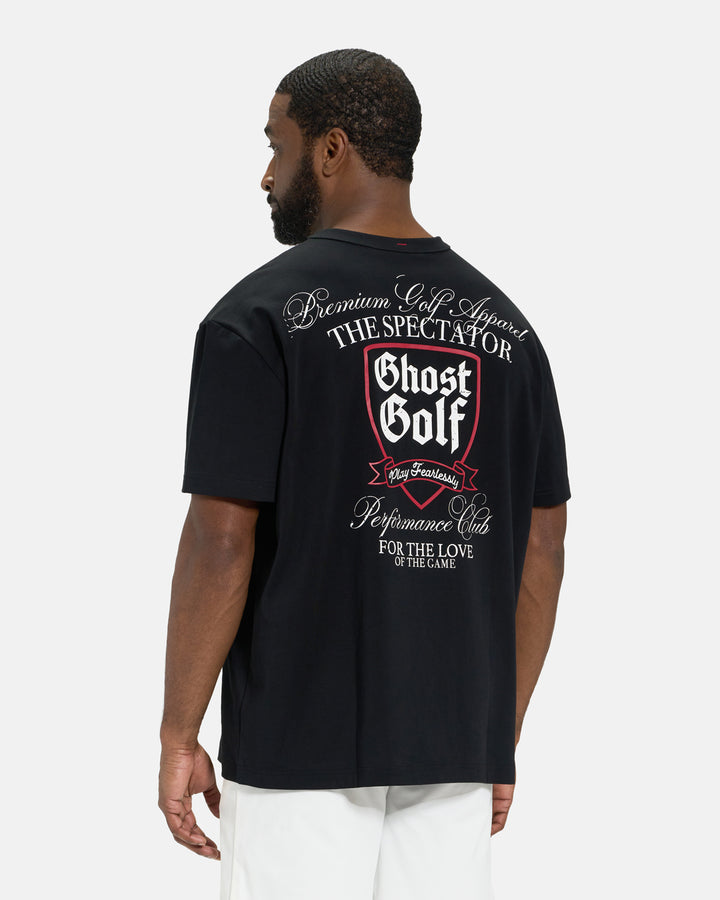 Back View of Black Spectator Tee on Black Male Model with Ghost Golf Graphic #color_black