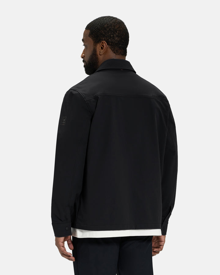 Back View of Black Spectator Collared Shirt Jacket Black Male Model #color_black