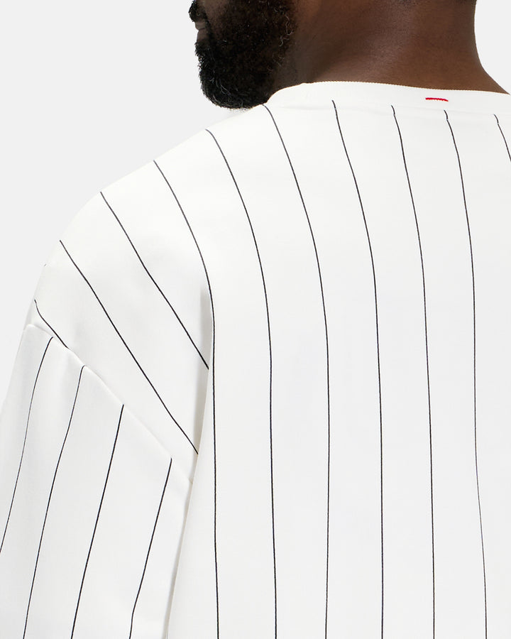 Closeup Back View of White Spectator Crew Sweatshirt on Black Male Modle #color_white