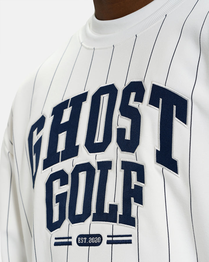 Closeup Front View of White Spectator Crew Sweatshirt on Black Male Model #color_white