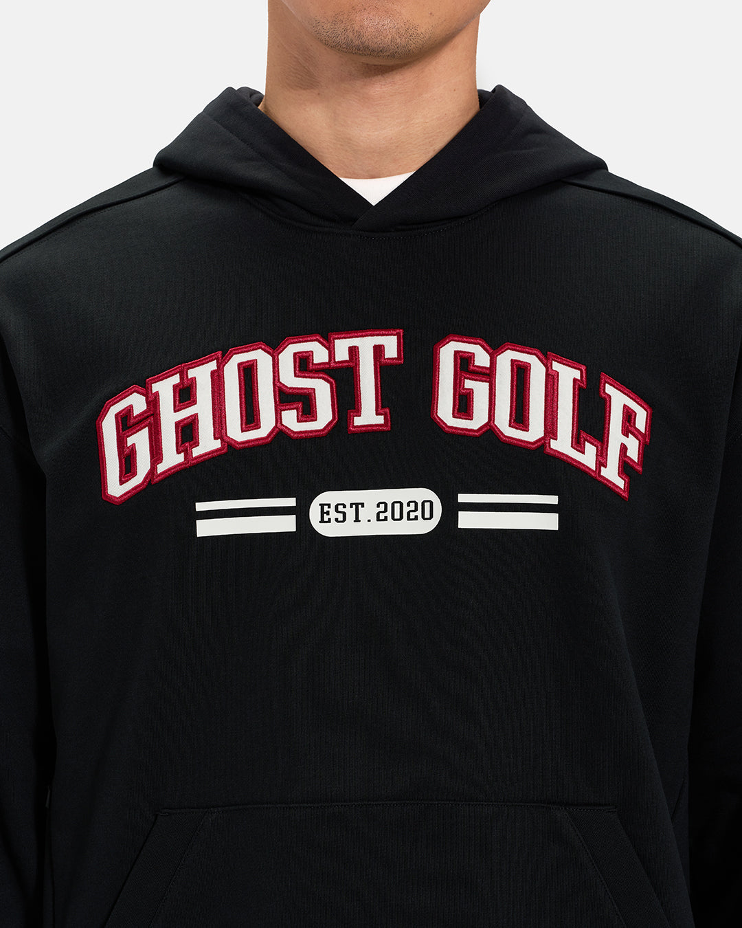 Front Closeup View of Black Spectator Dormie Hoodie on Asian Male Model with Ghost Golf #color_black