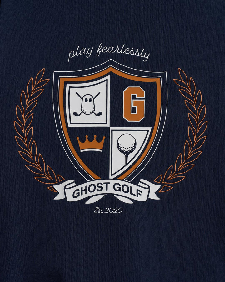 Detail Shot of Navy Spectator Hoodie with Ghost Golf Graphic #color_navy