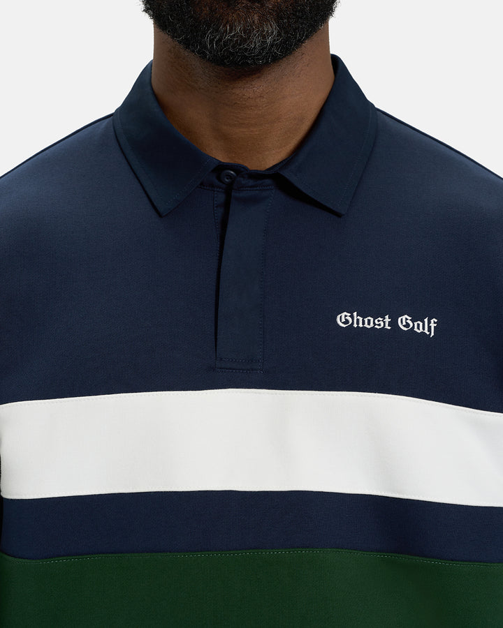 Front Closeup View of Navy Spectator Sweatshirt Polo on Black Male Model with Ghost Golf #color_navy