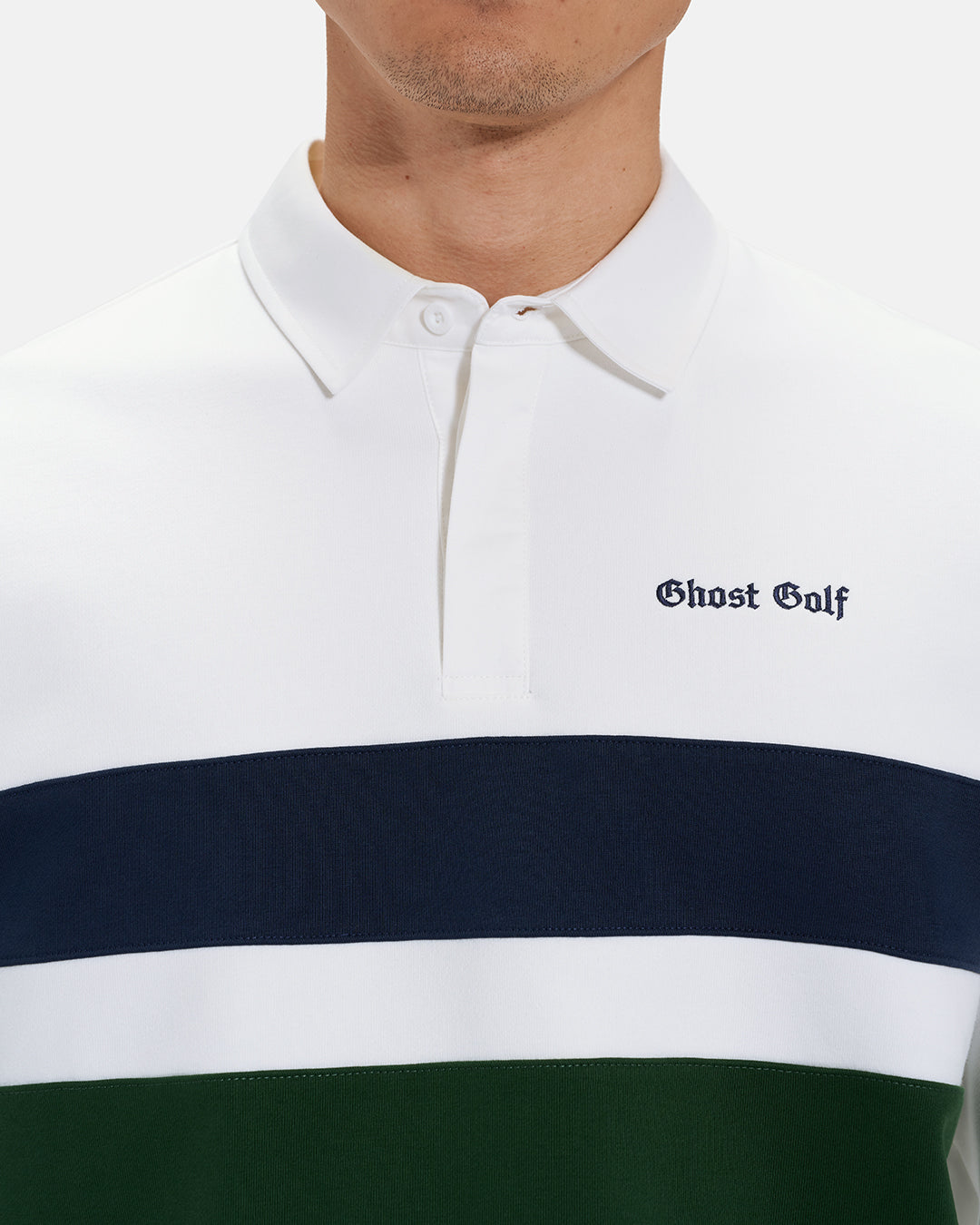 Front Closeup View of White Spectator Sweatshirt Polo on Asian Male Model with Ghost Golf #color_white
