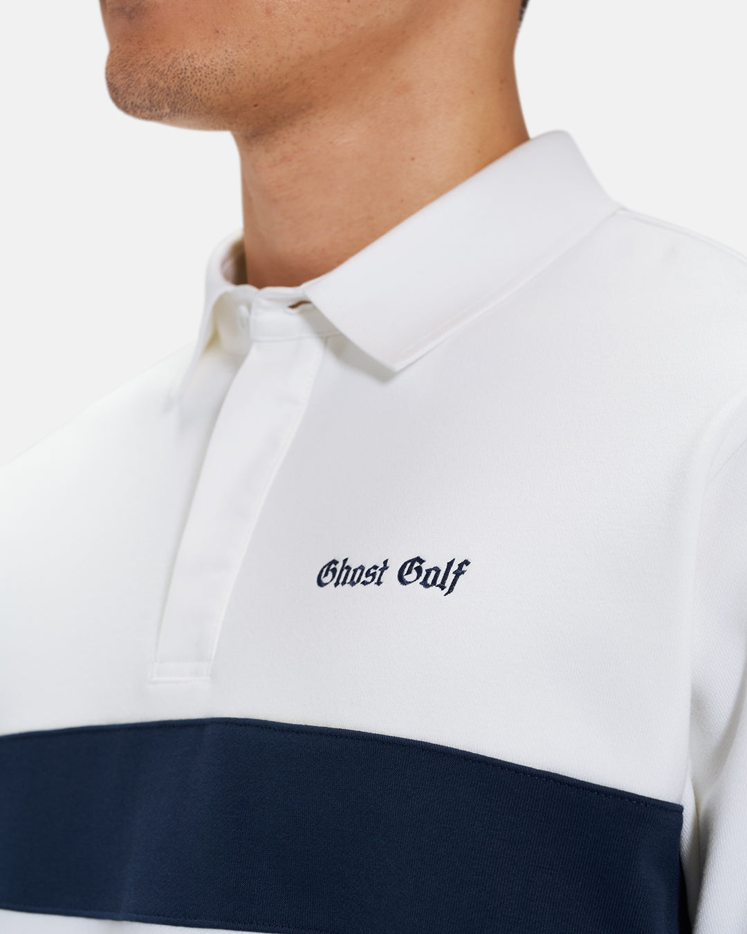 Front Closeup View of White Spectator Sweatshirt Polo on Asian Male Model with Ghost Golf #color_white