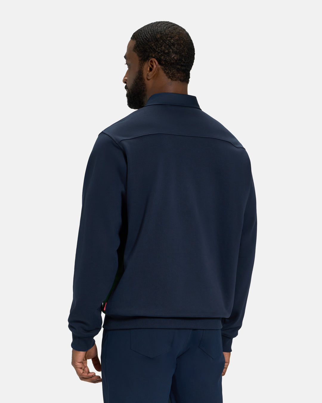 Back View of Navy Spectator Sweatshirt Polo on Black Male Model #color_navy