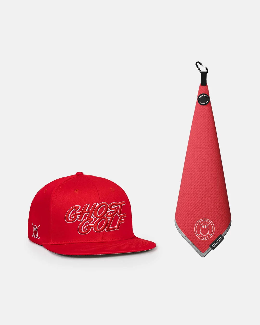 Product Shot of Red Greensdide Magnetic Towel and red golf hat #color_red