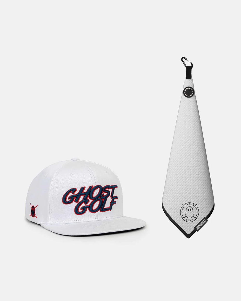 Product Shot of White Greensdide Magnetic Towel and white golf hat #color_white