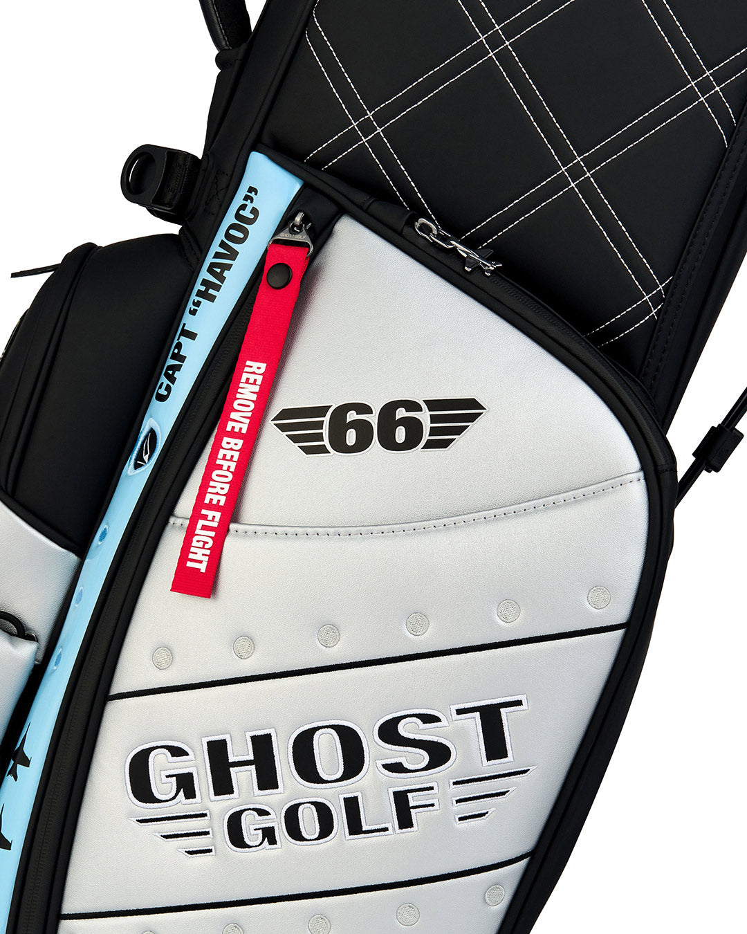 Closeup Side Detail Shot of Striker Anyday Bag Showcasing Ghost Golf Branding
