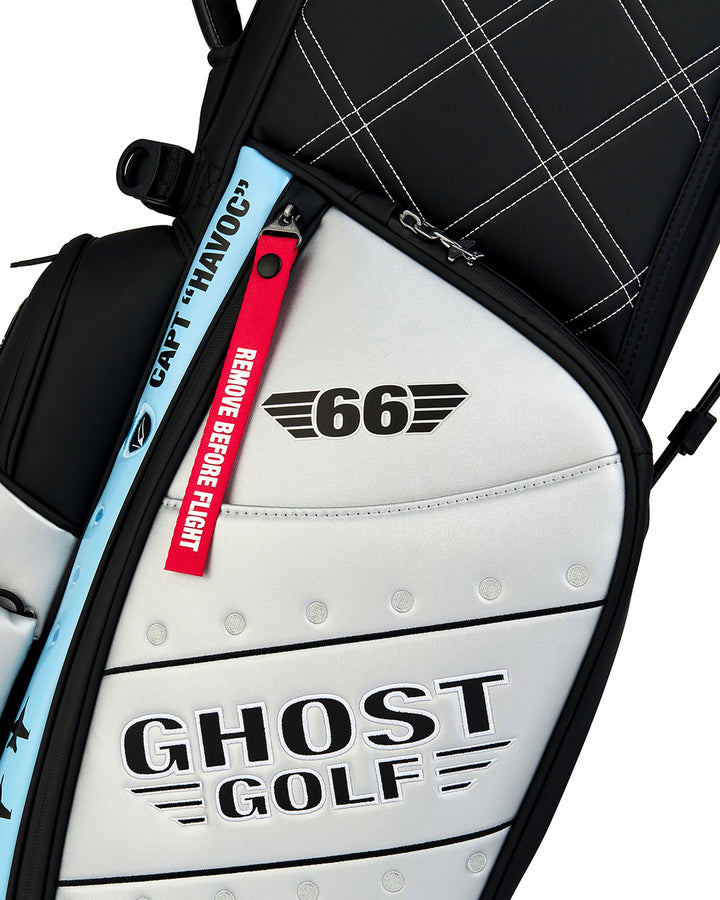 Closeup Side Detail Shot of Striker Anyday Bag Showcasing Ghost Golf Branding