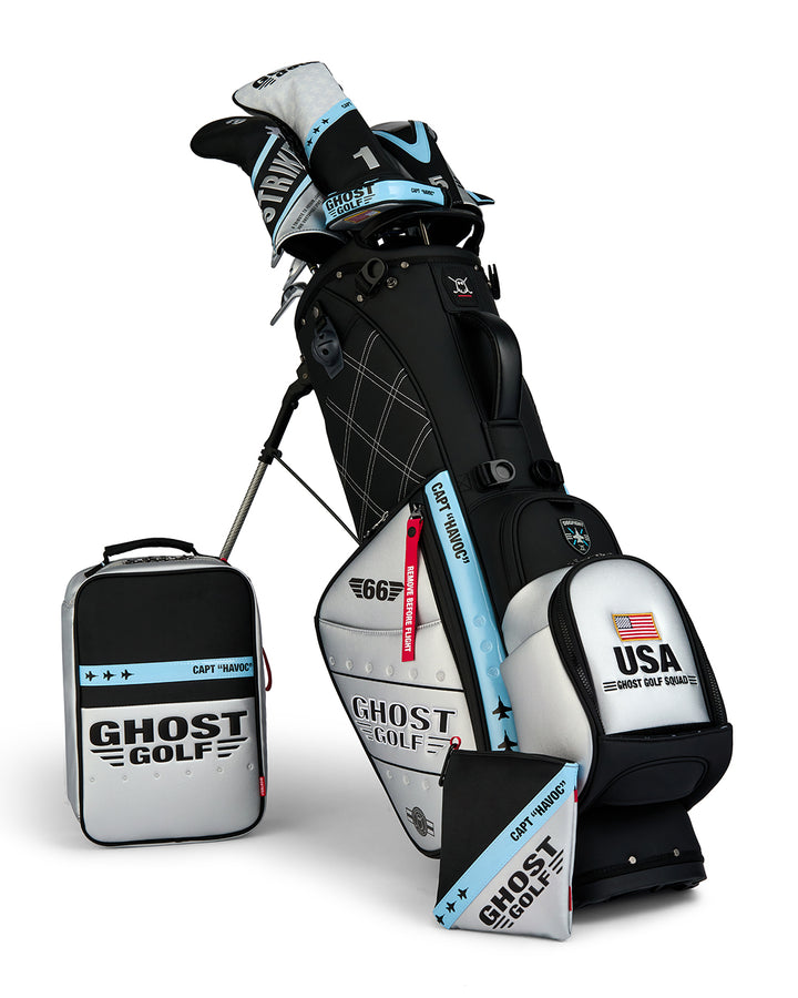Full Product Shot of Ghost Golf Striker Anyday Bag with Shoe Bag and Utility Pouch showing