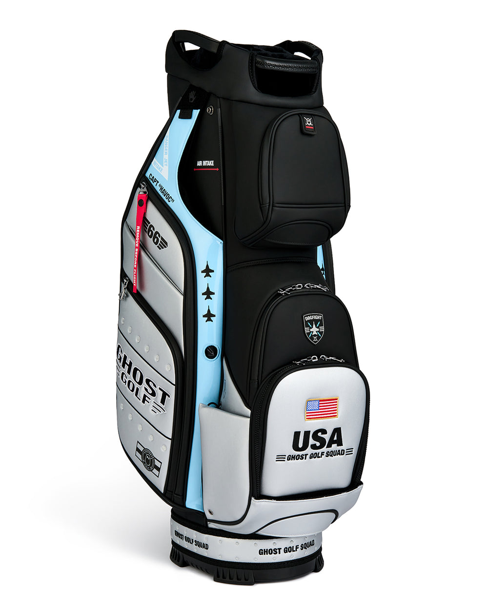 Three Quarter product shot of the Striker GT-14 cart Bag  featuring Ghost Golf branding and an embroidered USA flag on the front ball pocket. Clean product image highlighting the bag’s premium construction, functional stand design, patriotic detailing, and signature Ghost Golf styling.