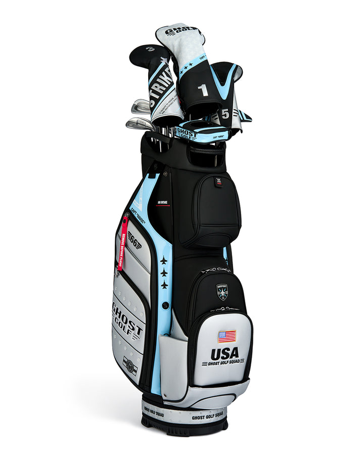Three Quarter View of GT-14 Cart Bag showing head covers placed on