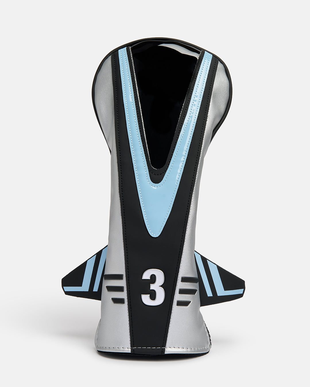 Front product shot of the Striker Primary 3 Wood Head Cover designed in the shape of a fighter jet. Features a clear viewing window at the top and an embroidered number "3" at the bottom of the cover. Front-facing image highlighting the aviation-inspired silhouette, premium construction, and distinctive Ghost Golf design details. #size_3-wood