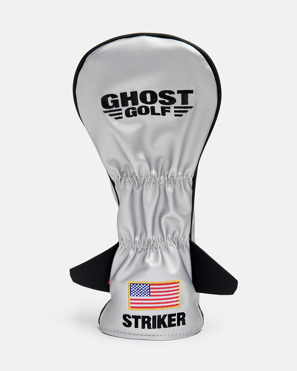 Back product shot of the Striker Primary 3 Wood Head Cover featuring the Ghost Golf logo embroidered at the top and an embroidered USA flag beneath it with "Striker" text. Rear-facing view highlighting the premium embroidery, patriotic detailing, and signature Ghost Golf branding. #size_driver