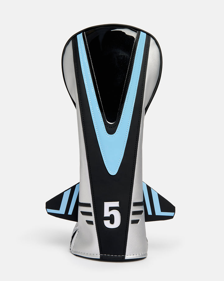 Front product shot of the Striker Primary 5 Wood Head Cover designed in the shape of a fighter jet. Features a clear viewing window at the top and an embroidered number "3" at the bottom of the cover. Front-facing image highlighting the aviation-inspired silhouette, premium construction, and distinctive Ghost Golf design details. #size_5-wood