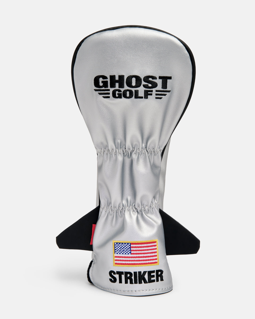 Back product shot of the Striker Primary 5 Wood Head Cover featuring the Ghost Golf logo embroidered at the top and an embroidered USA flag beneath it with "Striker" text. Rear-facing view highlighting the premium embroidery, patriotic detailing, and signature Ghost Golf branding. #size_5-wood