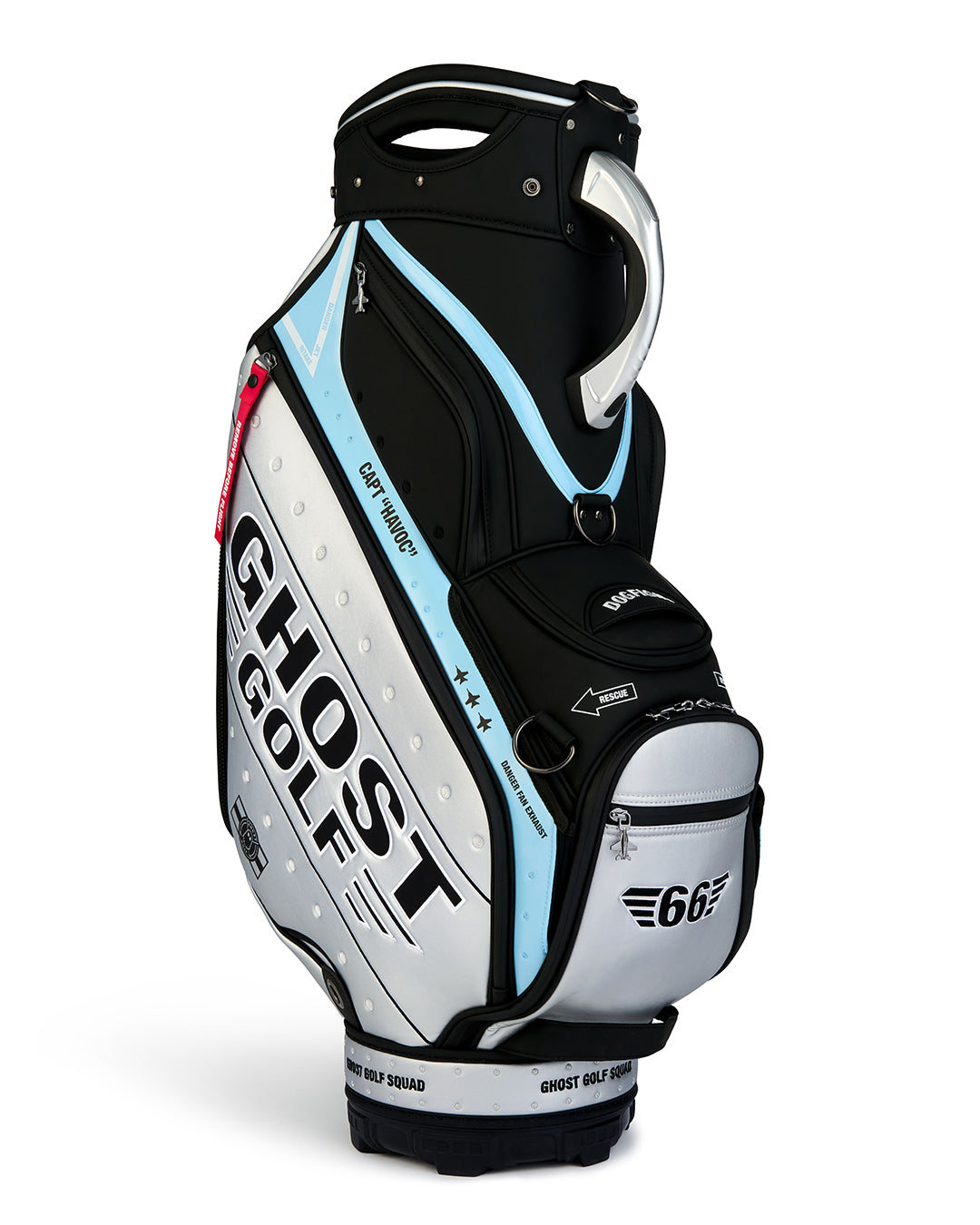 Three-quarter view of the Striker Staff Bag showcasing prominent Ghost Golf logo branding. Angled product image highlighting the bag’s premium construction, patriotic design elements, custom embroidered details, and signature Ghost Golf styling.