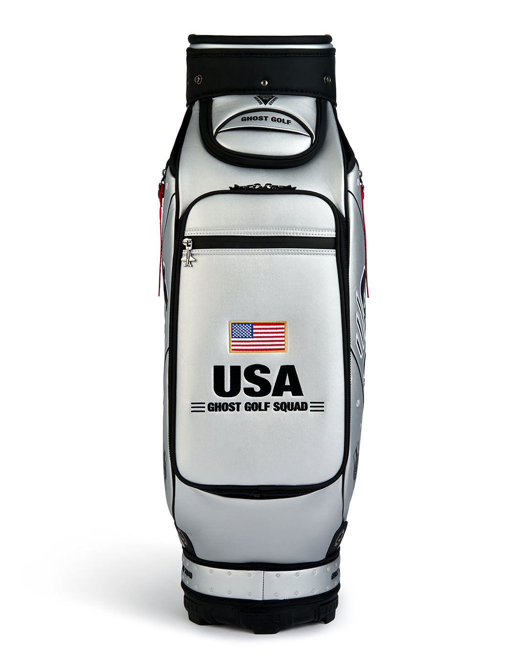 Back product shot of the Striker Staff Bag featuring an embroidered USA flag and "USA Ghost Golf Squad" embroidery