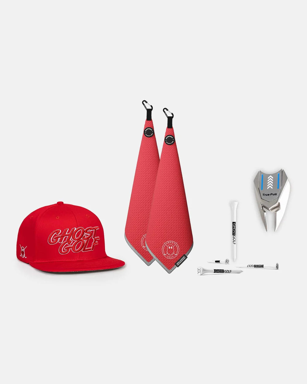 Product Shot of Red Greensdide Magnetic Towel and red golf hat, divot tools and golf tees #color_red