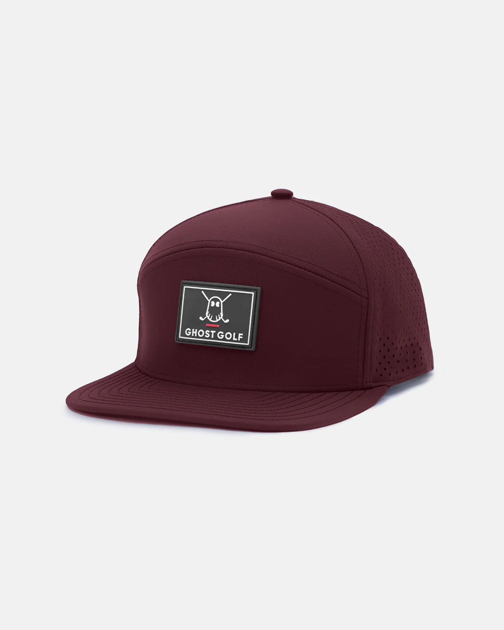 Three Quarter Right View Product Shot of Burgundy GG Arch Panel Snapback with ghost golf logo patch in the front #color_burgundy