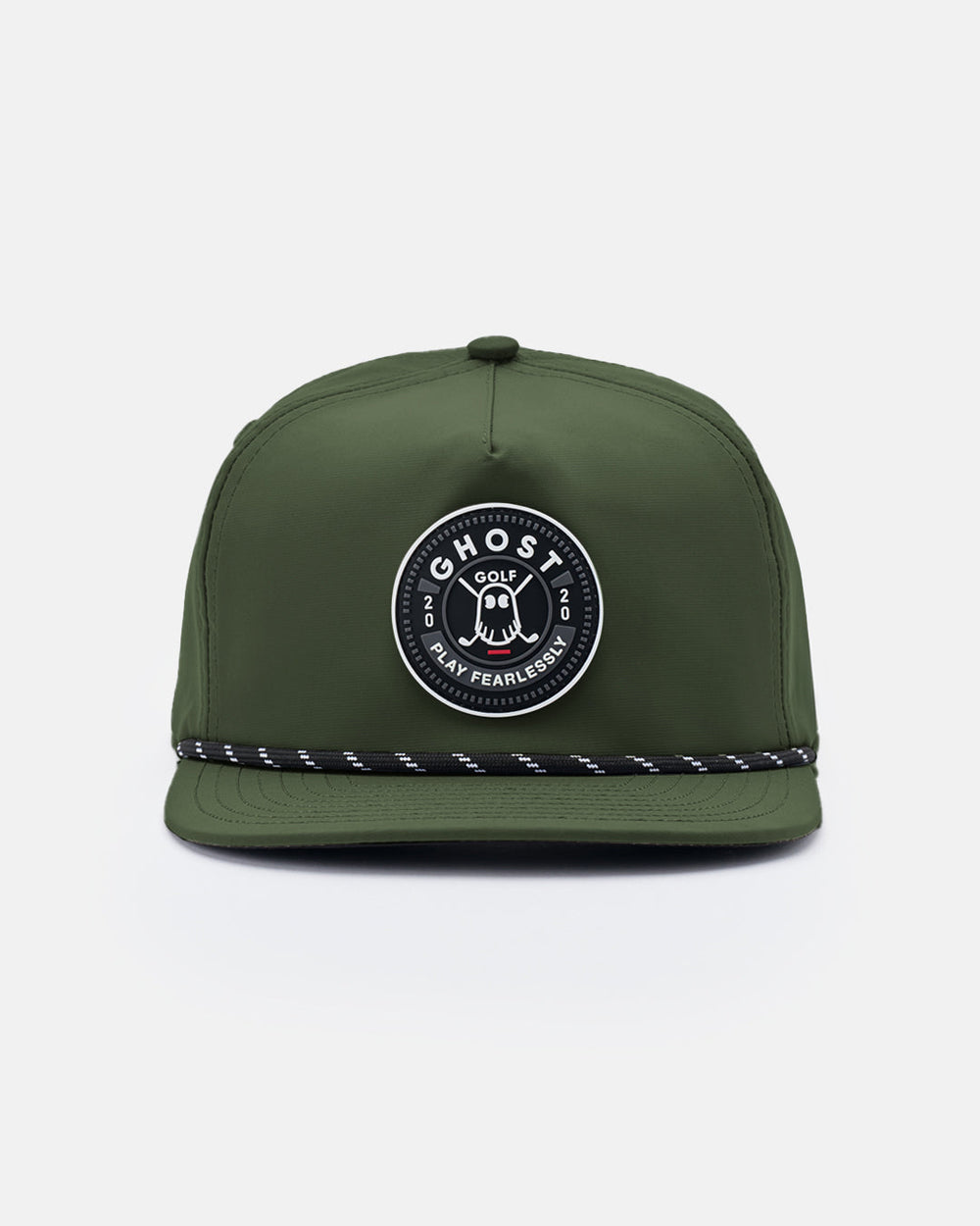 Three Quarter Right View Product Shot of Olive GG Retro Golfer Snapback with circular ghost golf patch #color_olive