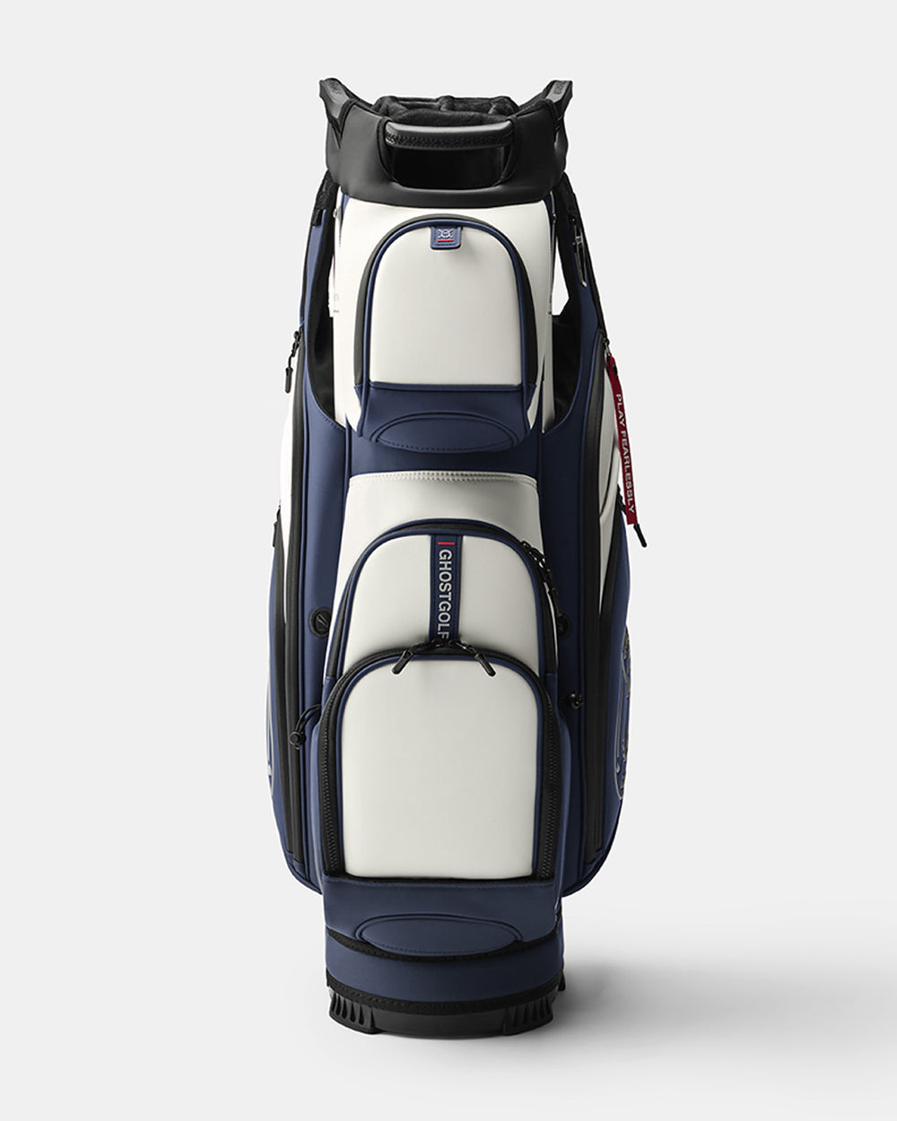 GHOSTGOLF GT-14 Valor golf bag in white and navy, shown at a front angle with zippered pockets, an embossed Ghost Golf logo, and a red “Play Fearlessly” tag.
