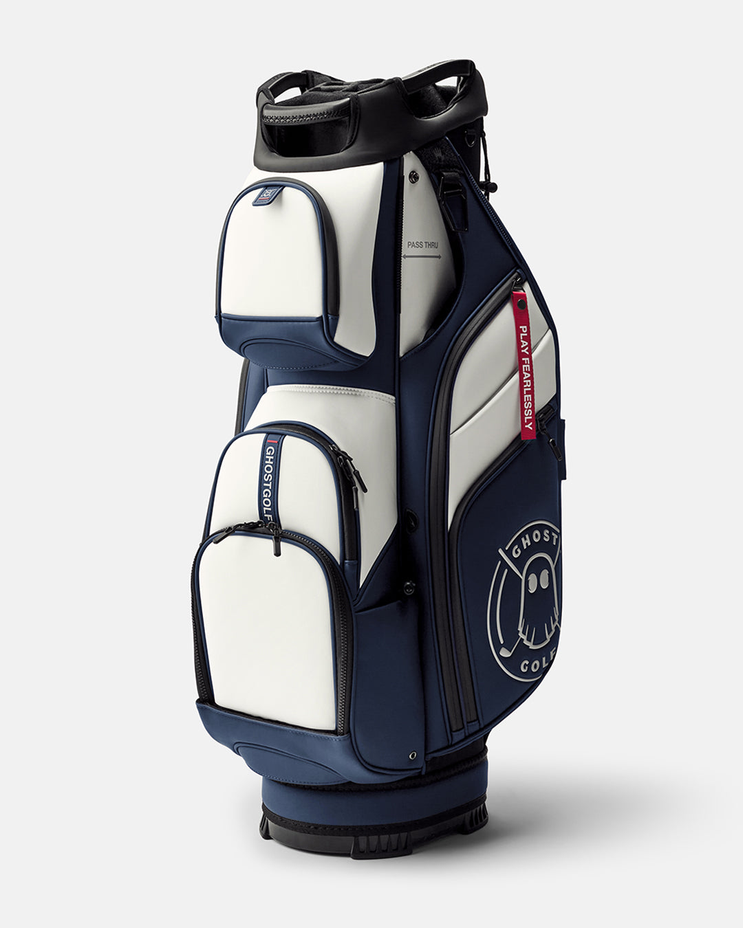 GHOSTGOLF GT-14 Valor golf bag in white and navy, shown at a three-quarter angle with zippered pockets, an embossed Ghost Golf logo, and a red “Play Fearlessly” tag.