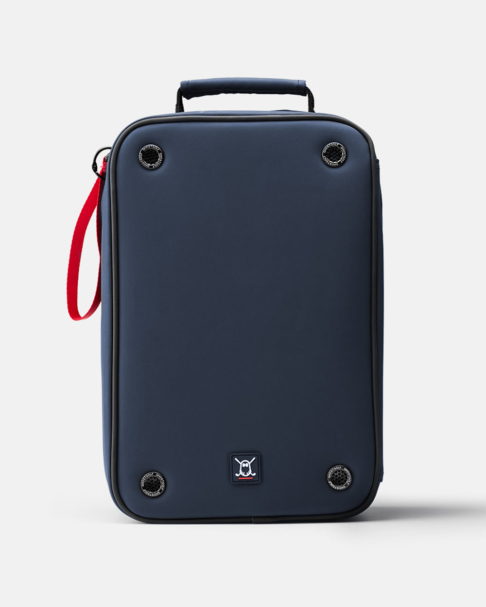 A navy blue Shoe Bag with a top handle, four metal grommets, a red wristlet strap, and a small logo badge on the front, shown against a light gray background.