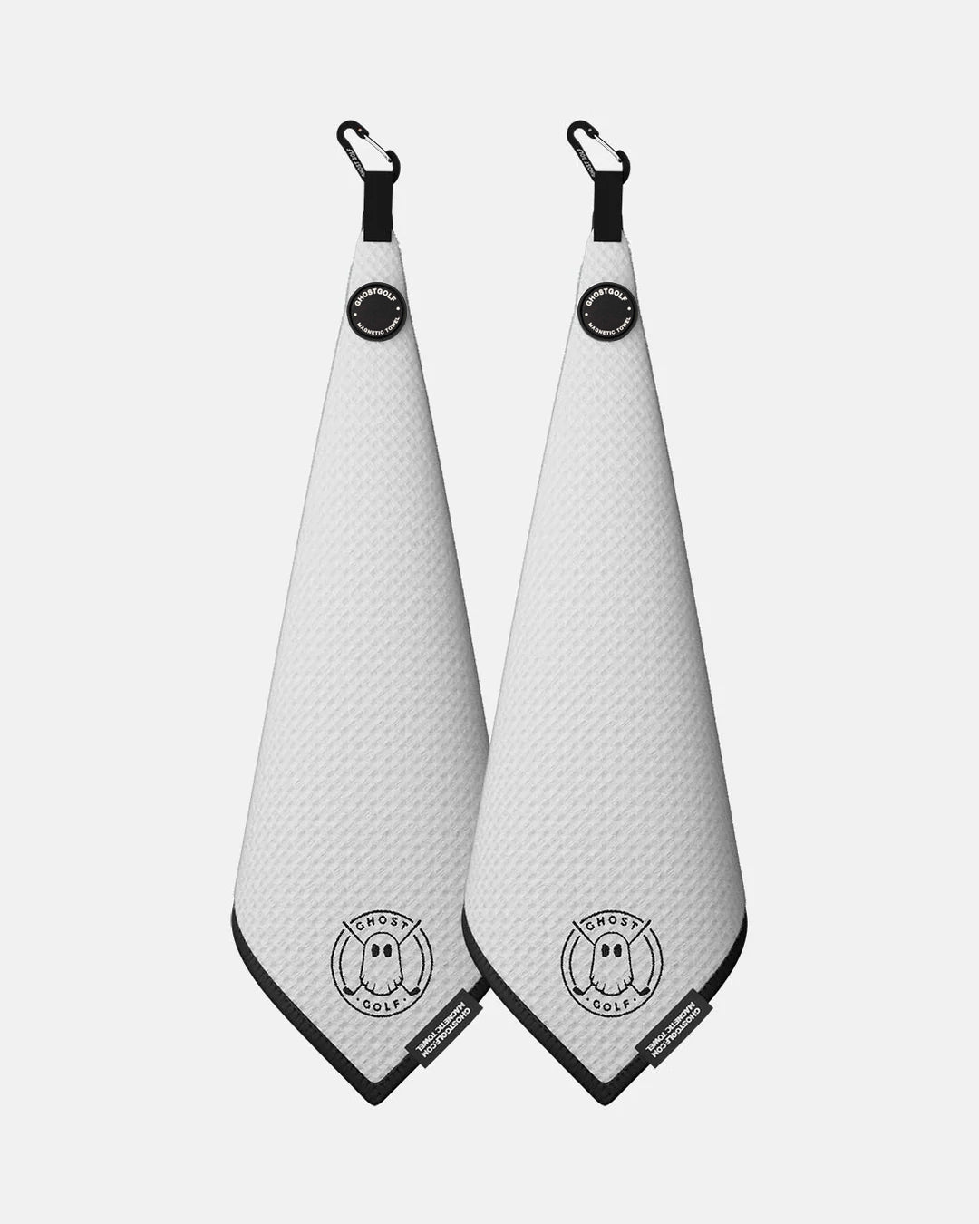 Product shot of 2 Pack White Ghost Golf Magnetic Greenside Towel with emblem logo near the bottom and carabiner clip at the top #color_white