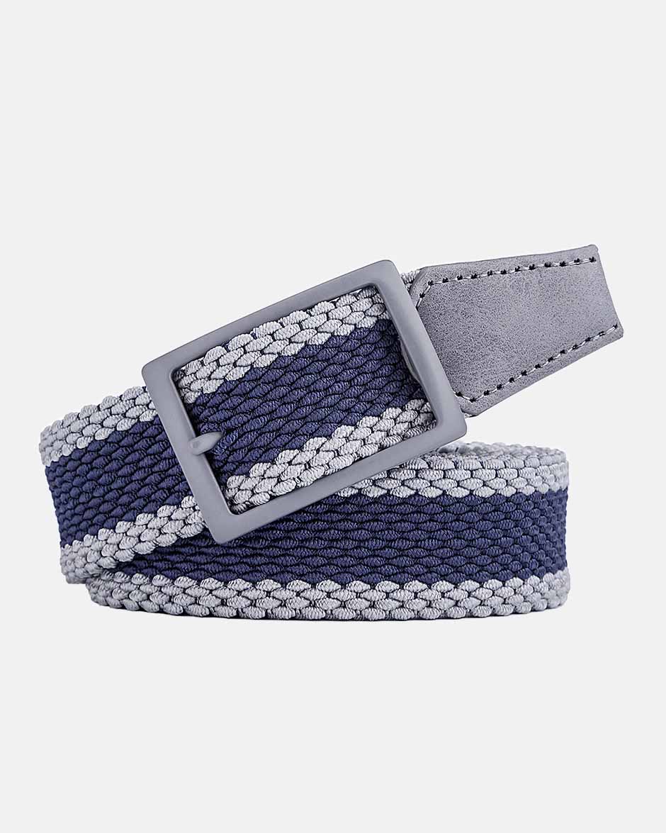 Grey and Navy Stripe Belt. With Grey Buckle and Grey Leather Tail Tip.