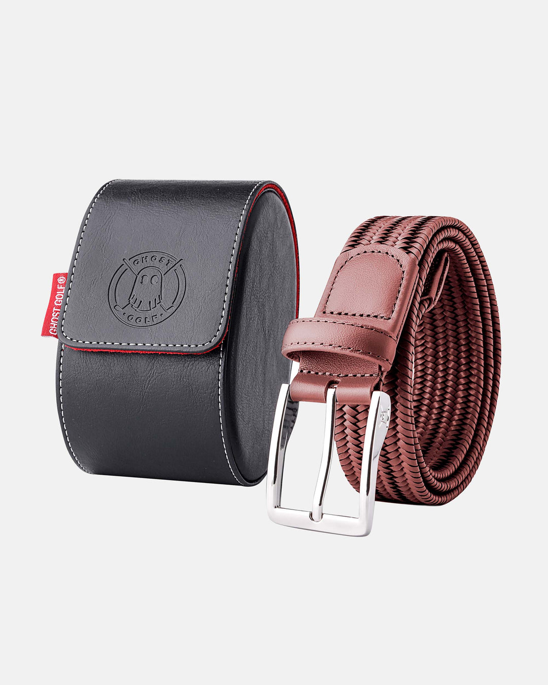 Tan Brown Regenerated Italian Leather Belt with Custom Steel Buckle. Black Belt case. 