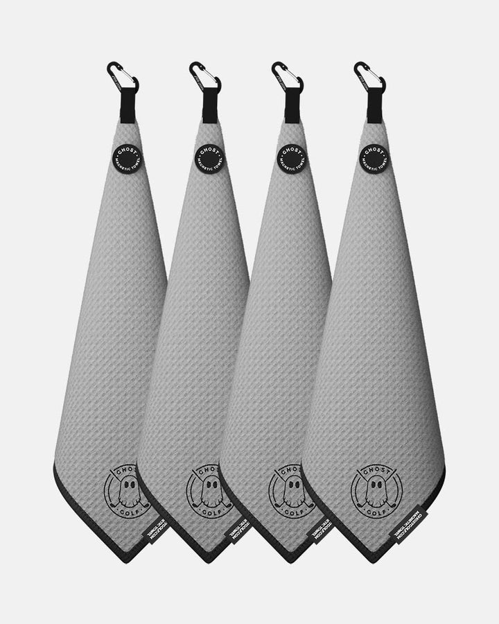4 Ghost Golf Greenside towels with Magnet Patch and Carabiner. Color Light Grey