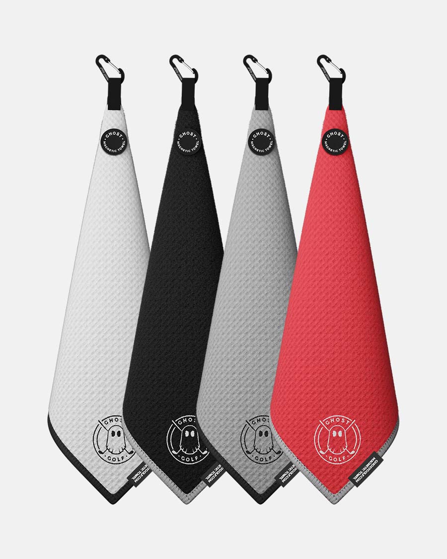 Ghost Golf 4 Greenside Towels. Colors Red, White, Black and Light Grey