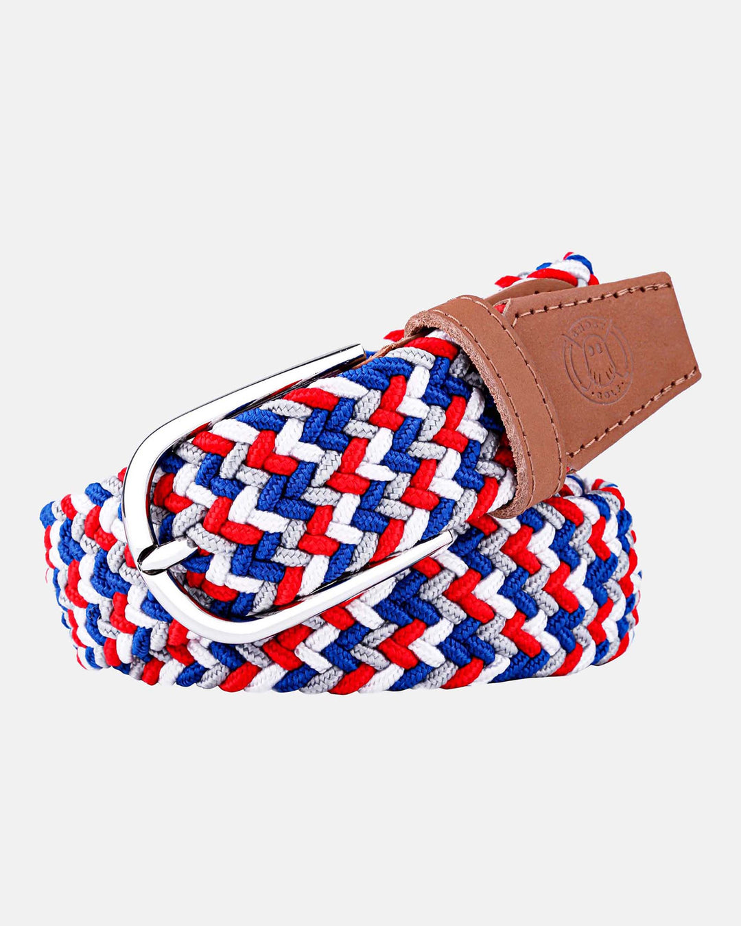 Ghost Golf Blue/Grey/White/Red Multi Color Belt with Rounded Steel Buckle and Tan Leather Tail 