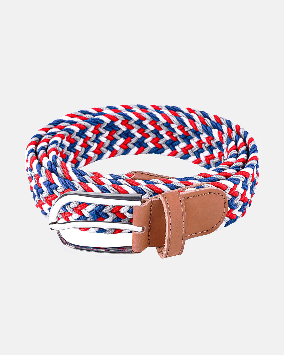 Ghost Golf Blue/Grey/White/Red Multi Color Belt with Rounded Steel Buckle and Tan Leather Tail 